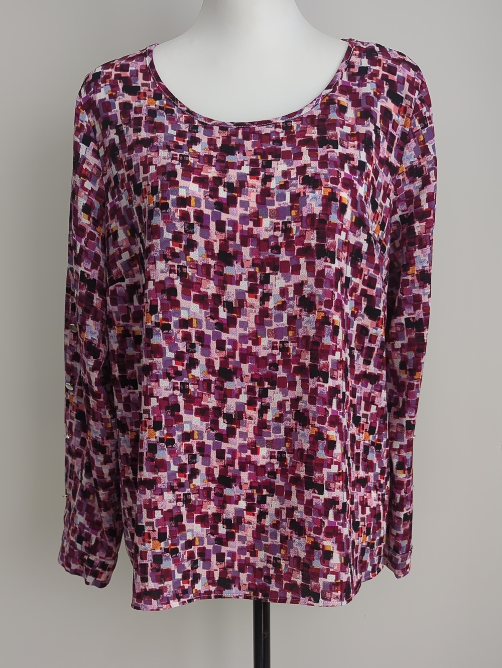 Investments Petite Purple Geometric Mosaic Pixel Long Sleeve Scoop Neck Top LP